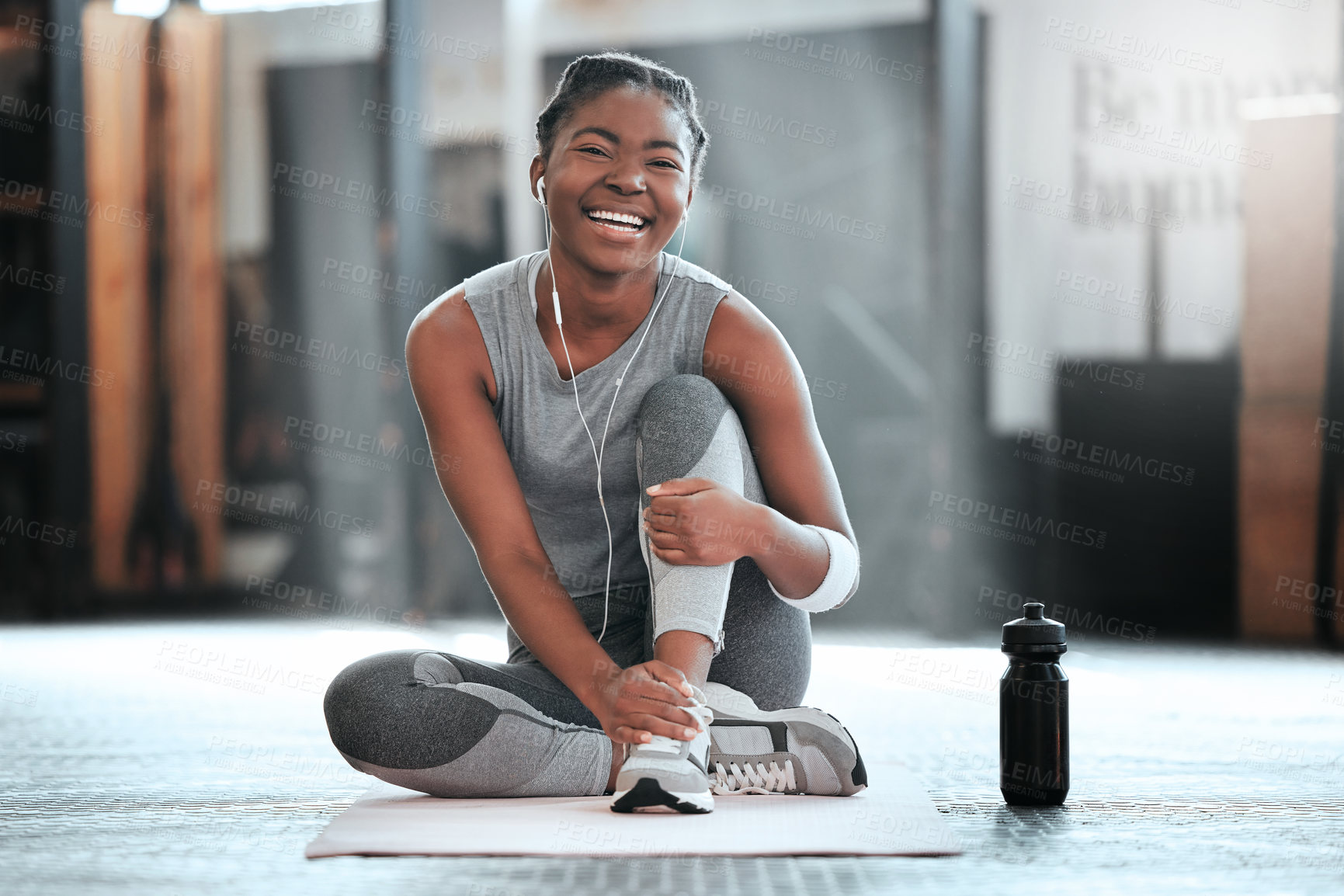 Buy stock photo Gym, portrait or happy black woman on break after a workout, exercise or training for fitness. Funny, smile or healthy sports girl or female African athlete smiling or relaxing with positive mindset 