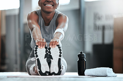 Buy stock photo Gym, hands or happy woman stretching legs for workout routine or body movement for active fitness. Smile, athlete or healthy girl smiling in exercise training warm up for flexibility or mobility