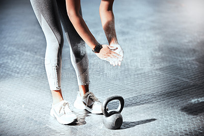 Buy stock photo Fitness, kettlebell or hands of person with chalk to start training, workout or exercise for grip strength. Body builder, gym floor or healthy athlete with dust powder ready for lifting weights 