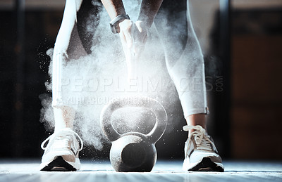 Buy stock photo Fitness, hands and powder at kettlebell in gym for workout, exercise and sports training. Closeup, athlete and legs of bodybuilder with heavy weight equipment, chalk dust and strong performance power