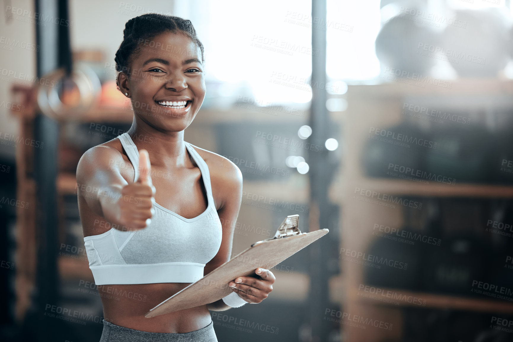 Buy stock photo Thumbs up, personal trainer portrait or happy black woman at gym for workout, exercise or fitness training. Healthy sports girl, thumb up or proud coach smiling with yes hand sign, like or clipboard