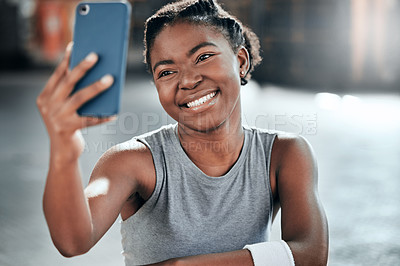 Buy stock photo African woman, gym selfie and smile for fitness, workout or wellness on floor with social media app. Influencer girl, photography or blog for exercise, performance and health for lifestyle in club