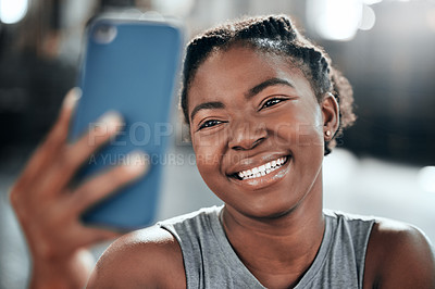 Buy stock photo Happy african woman, gym selfie and smile for fitness, workout and wellness on floor with social media app. Influencer girl, photography and blog for exercise, performance and health for lifestyle