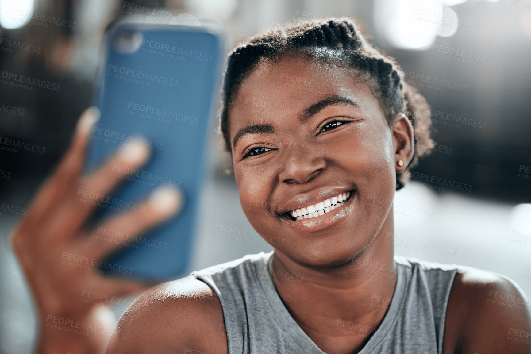 Buy stock photo Happy african woman, gym selfie and smile for fitness, workout and wellness on floor with social media app. Influencer girl, photography and blog for exercise, performance and health for lifestyle