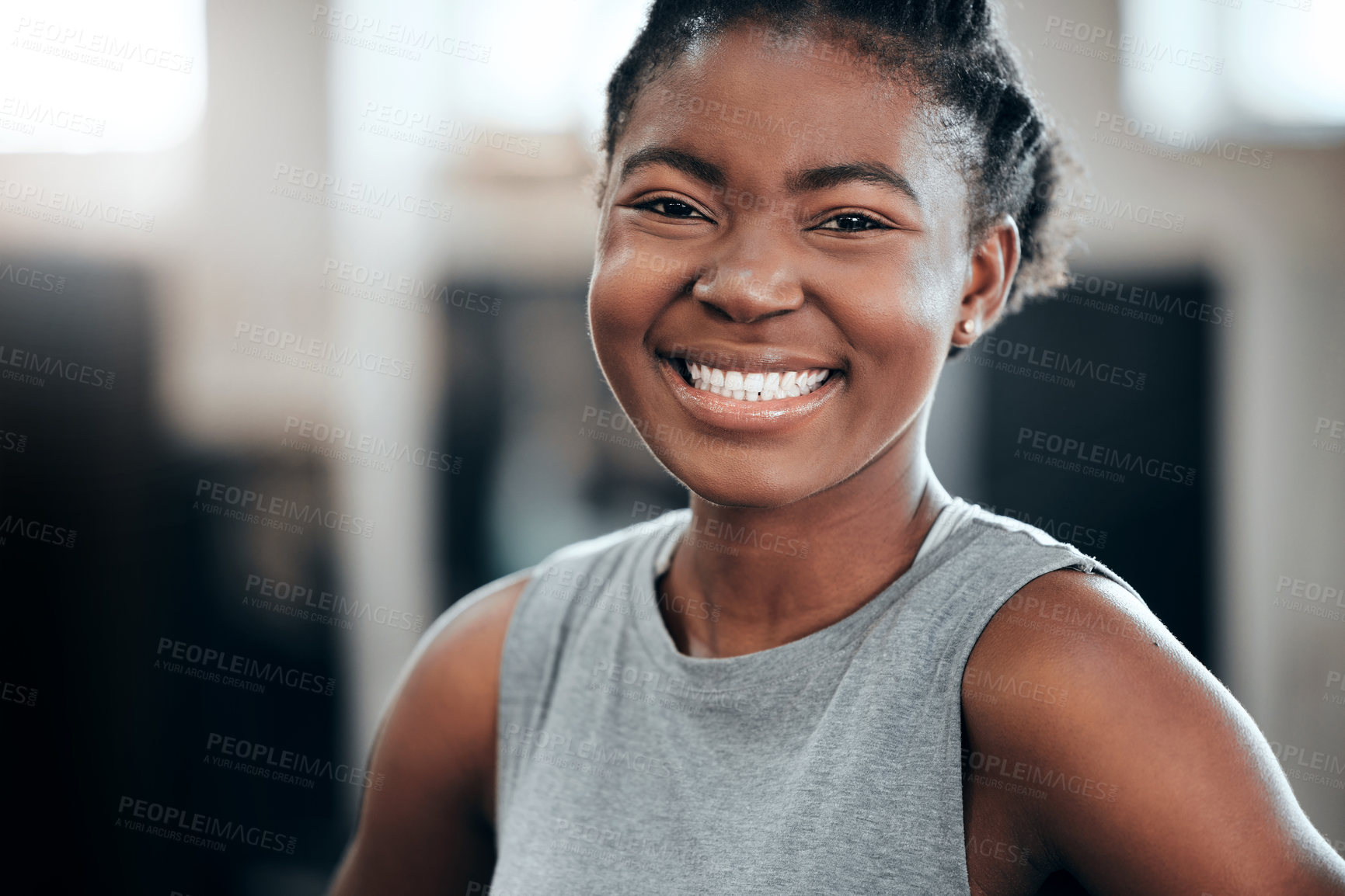 Buy stock photo Smile, portrait or happy black woman at gym for a workout, exercise or training for healthy fitness or wellness. Face of sports girl or proud African athlete smiling or relaxing with positive mindset