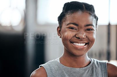 Buy stock photo Break, portrait or happy black woman at gym for a workout, exercise or training for healthy fitness or wellness. Face of sports girl or proud African athlete smiling or relaxing with positive mindset