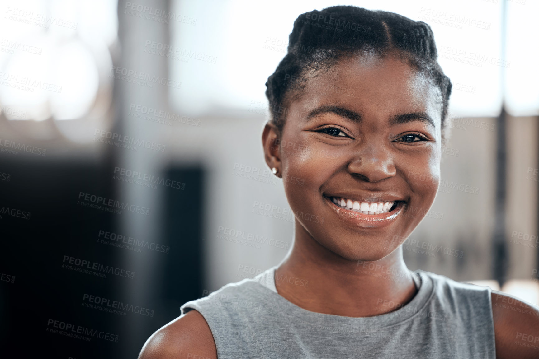 Buy stock photo Break, portrait or happy black woman at gym for a workout, exercise or training for healthy fitness or wellness. Face of sports girl or proud African athlete smiling or relaxing with positive mindset