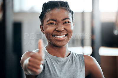 Buy stock photo Fitness, portrait or happy black woman with thumbs up in gym training with positive mindset or motivation. Wellness, smile or healthy personal trainer in workout with a like hand gesture for support