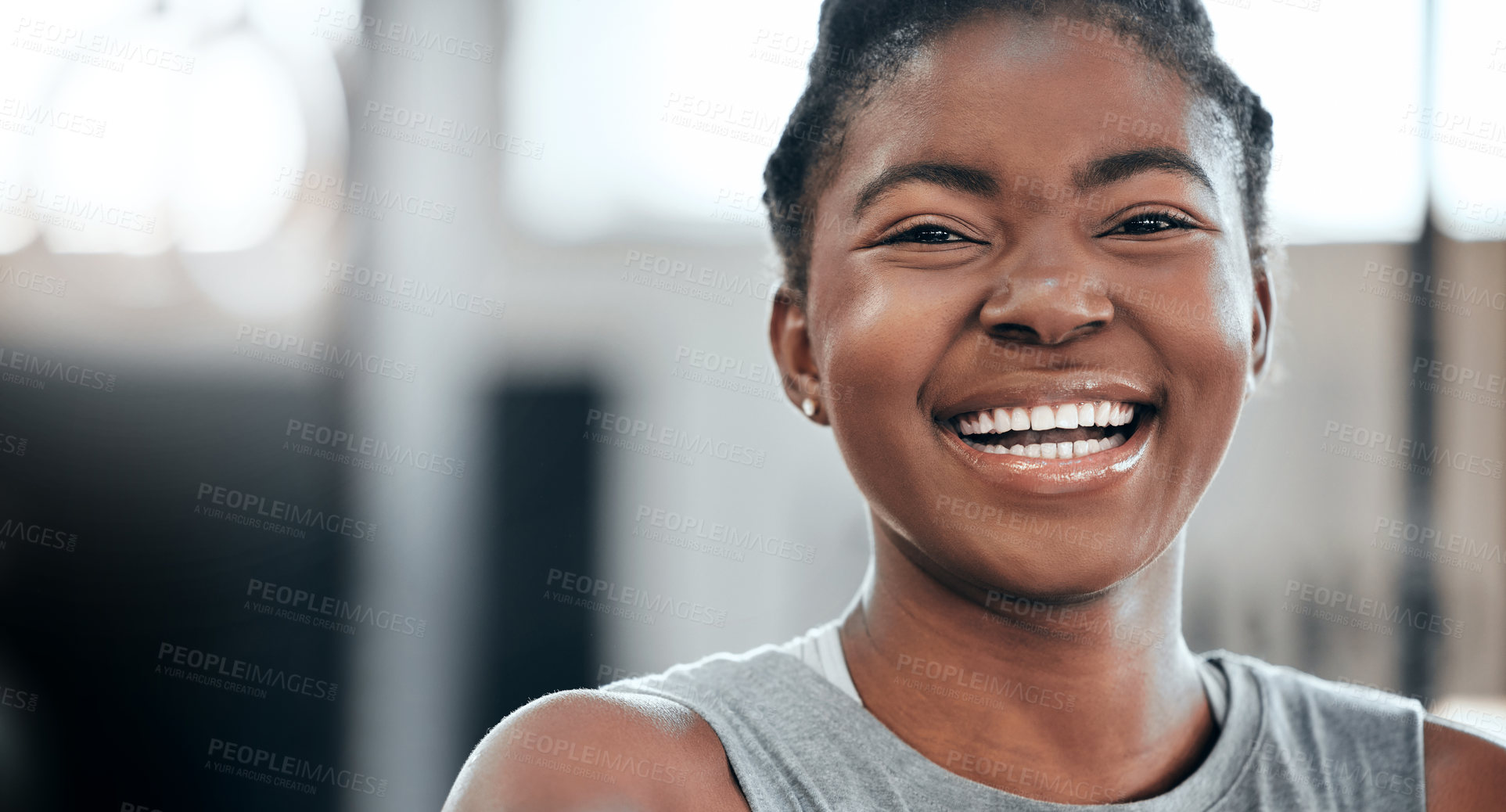 Buy stock photo Break, portrait or black woman laughing in gym for a workout, exercise or training for fitness or wellness. Face of happy sports girl or funny female African athlete smiling with positive mindset