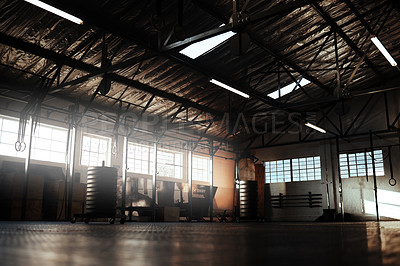 Buy stock photo Empty gym, fitness or floor space for training hall in open room or health studio for exercise or workout. Interior, background or clean facility building for athletic sports or athletics development