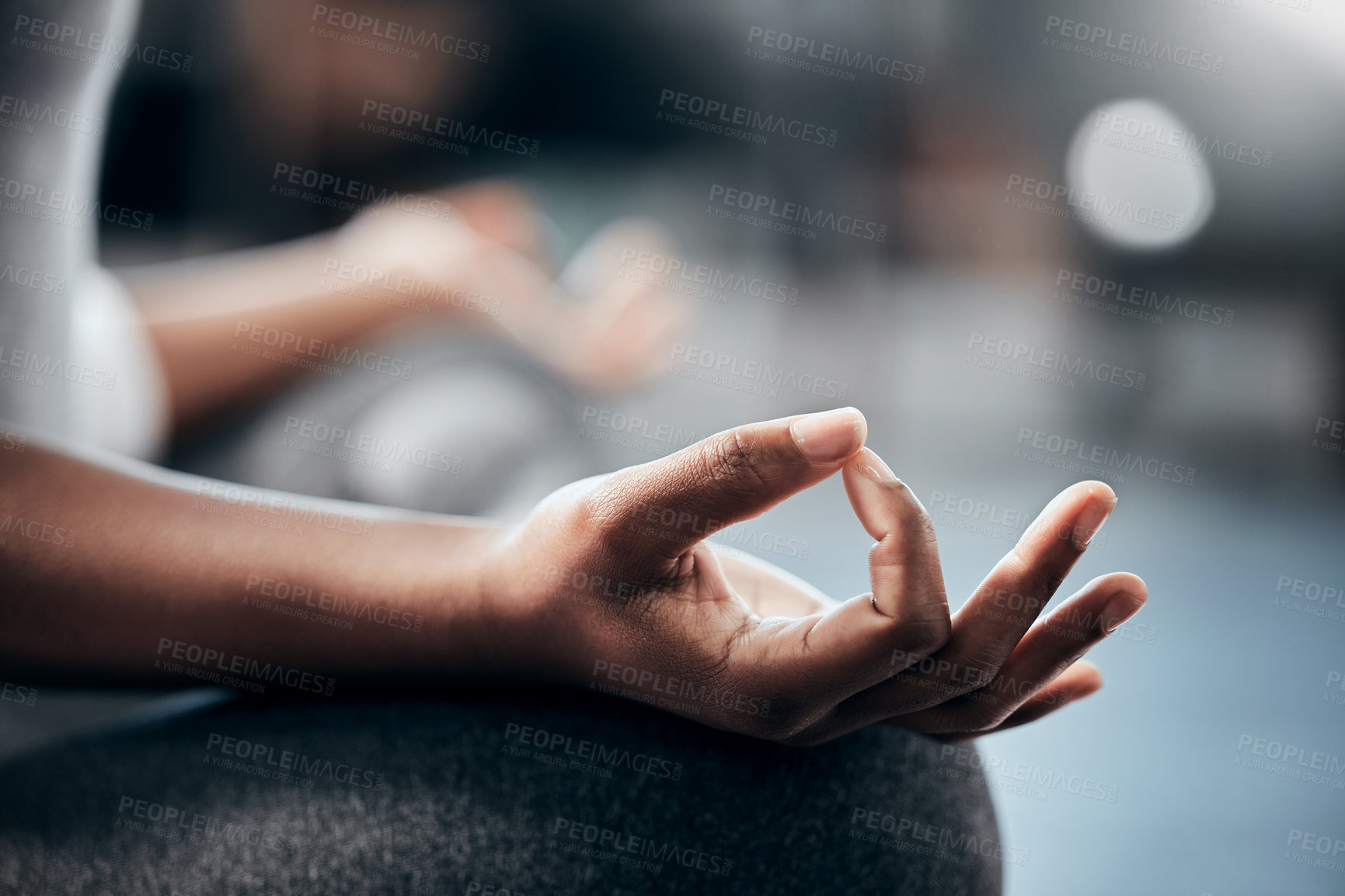 Buy stock photo Yoga in gym, hands or woman in meditation in lotus pose with zen peace or mindfulness in blurry studio. Closeup, chakra or relaxed girl in pilates exercise workout for spiritual wellness or self care