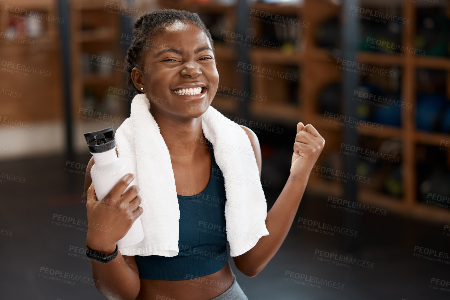 Buy stock photo Gym, fitness and excited black woman with winner fist for sports, celebration and performance goals on water break. Health, success or girl athlete with hand sign for training, workout or achievement