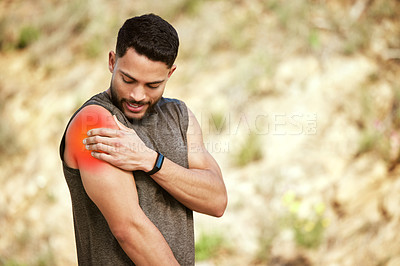 Buy stock photo Man, fitness and arm injury in nature after exercise, workout or training in the outdoors. Male person, runner or athlete with shoulder pain, muscle inflammation or sore joint and bone ache outside