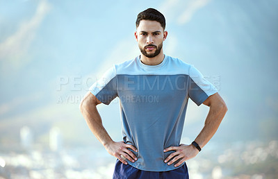 Buy stock photo Fitness, serious man and outdoor for a run or workout with hands on hip for motivation. Portrait of male athlete person or runner for cardio training, running or exercise for focus on wellness goals