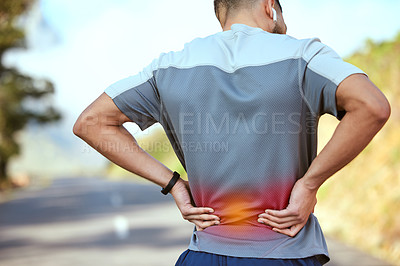 Buy stock photo Man, back pain and fitness with injury, inflammation or ache from workout, running or sports exercise in nature. Rear view of male person holding painful area, sore spine or broken bone after run