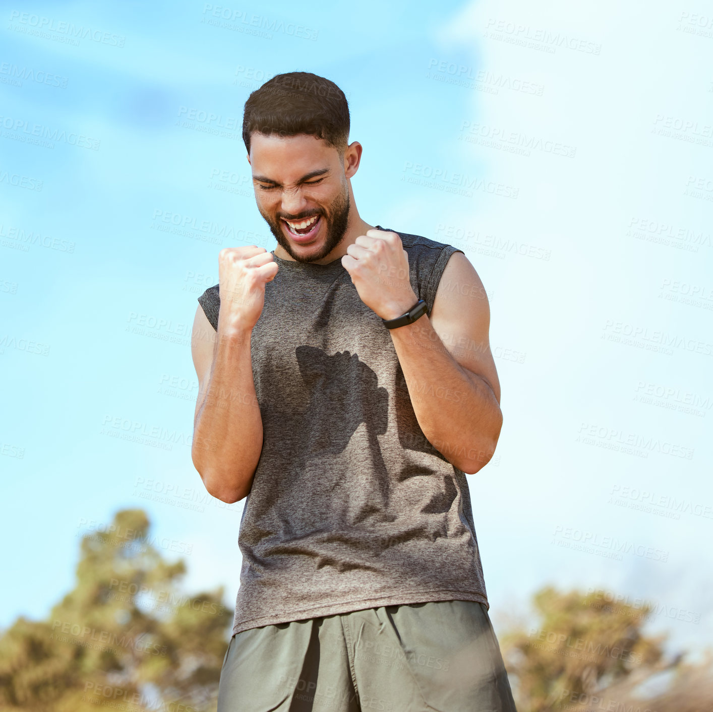 Buy stock photo Fist, celebration and man with achievement in fitness with runner outdoor for exercise in park. Summer, workout and pride for winning with excellence or athlete progress in training with goals