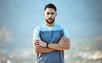 Buy stock photo Fitness, man and outdoor for a serious run or workout with arms crossed. Portrait of a male athlete person with focus and concentration for cardio training, running or health and wellness goals