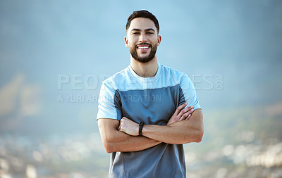 Buy stock photo Fitness, man and outdoor for a run or workout with a smile and arms crossed for motivation. Portrait of a male athlete person in nature for cardio training, running or health and wellness goals