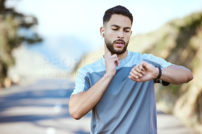 Buy stock photo Man, fitness and running with watch for pulse, heart rate or checking performance after cardio workout in nature. Male person, athlete or runner looking at wristwatch during outdoor run or exercise