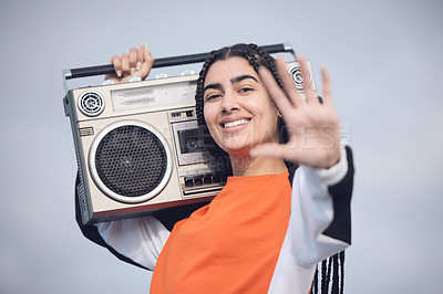 Buy stock photo Woman, hip hop and outdoor portrait with radio for freedom with streetwear fashion, playlist and listening to music. Gen z girl, outside and boombox for audio entertainment with listen and play song