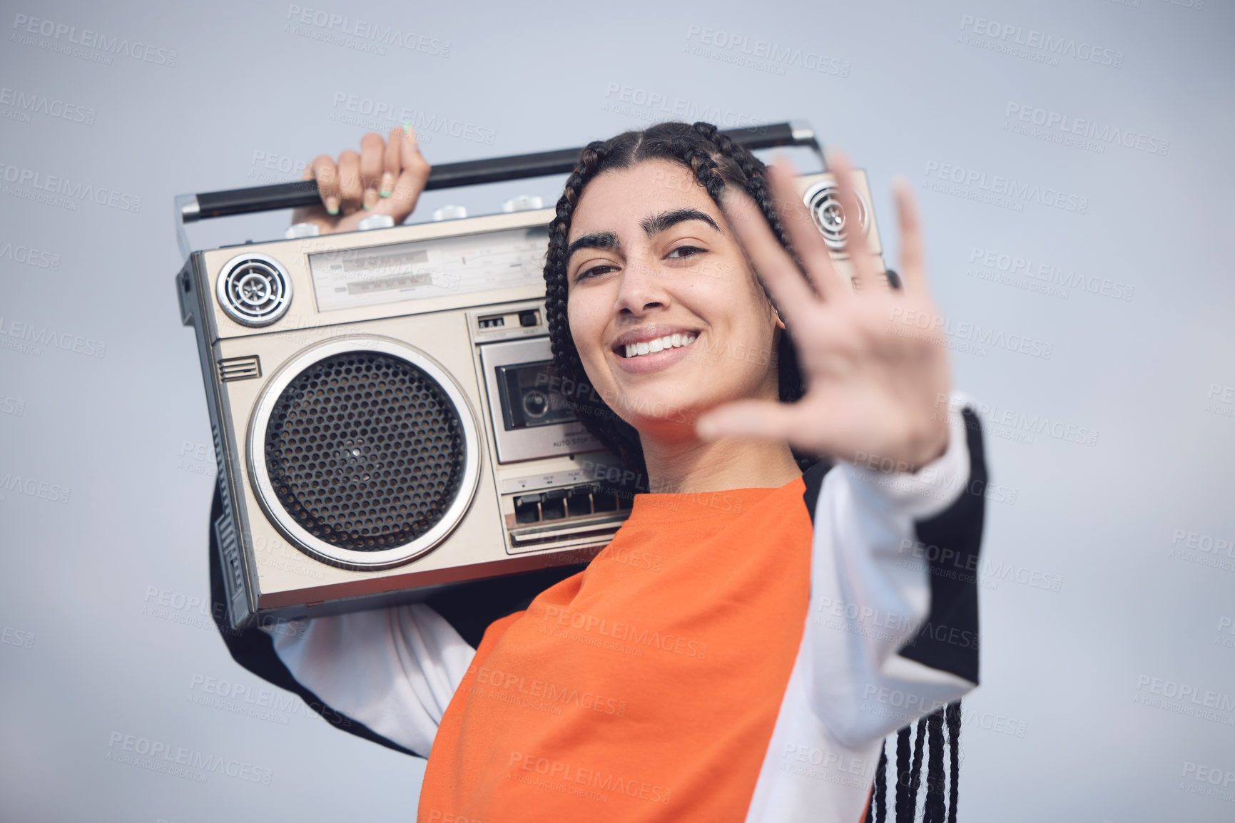 Buy stock photo Woman, hip hop and outdoor portrait with radio for freedom with streetwear fashion, playlist and listening to music. Gen z girl, outside and boombox for audio entertainment with listen and play song