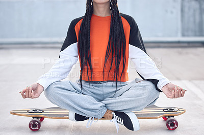 Buy stock photo Meditate, relax and woman on skateboard outdoor for freedom with streetwear, peace and concrete floor. Gen z girl, lotus pose and longboard for calm breathing, zen health and eco friendly transport