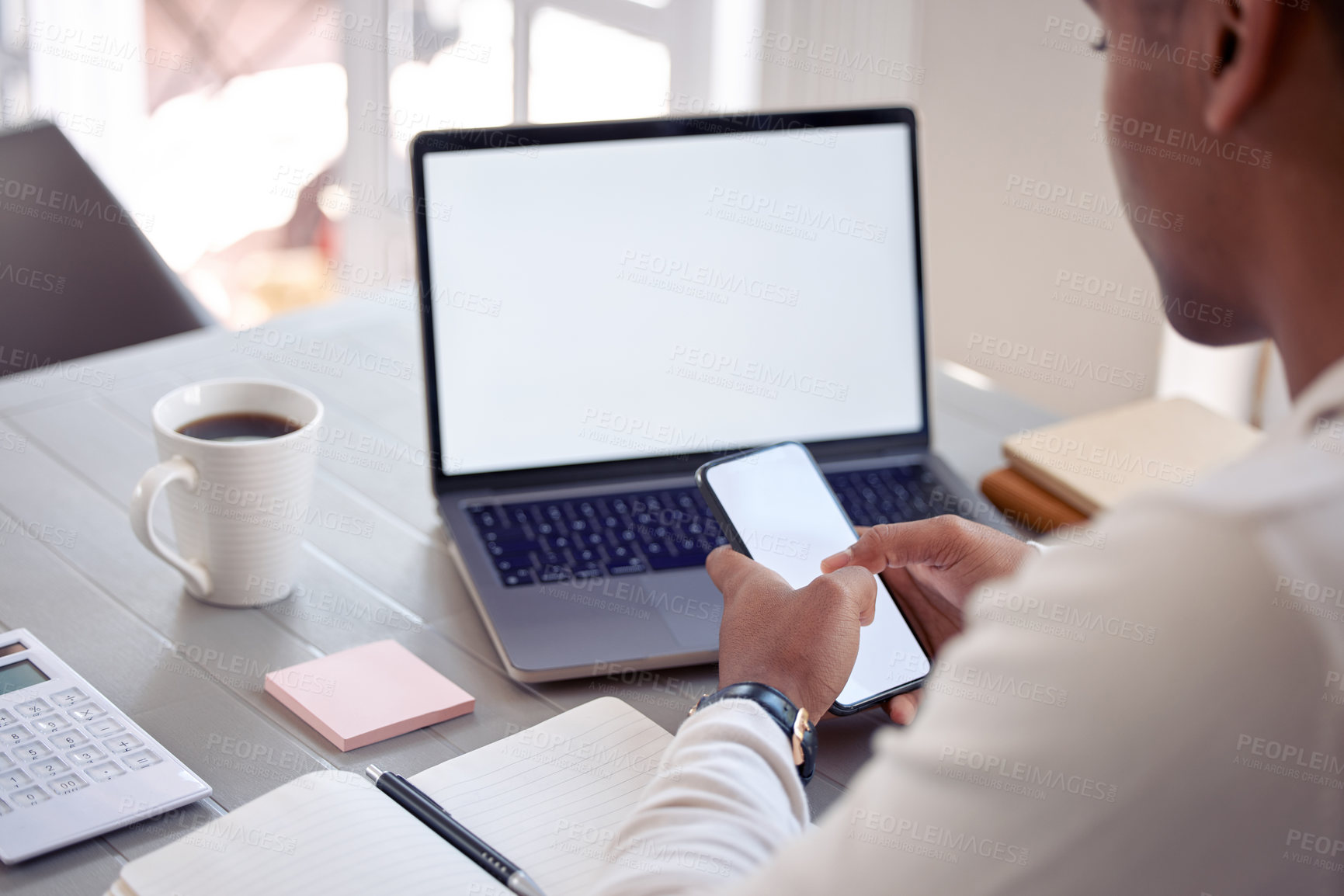 Buy stock photo Mockup, laptop or happy man with phone for remote work, research or website notification in home. Business, news blog space or freelancer on mobile app screen texting or networking for communication