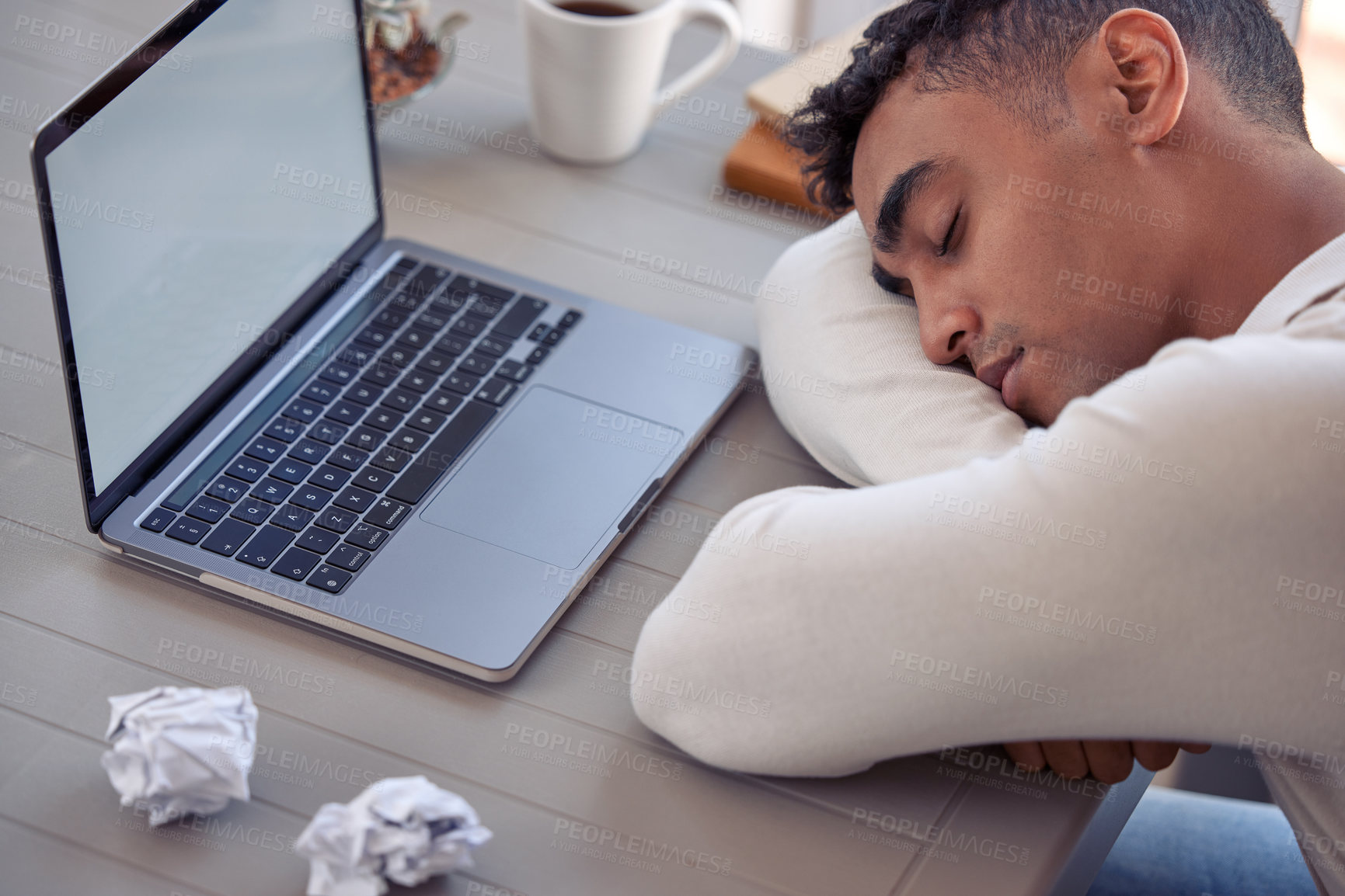Buy stock photo Office, sleeping and man at desk, laptop and tired with fatigue, overworked and exhausted. Person, employee and entrepreneur with computer, burnout and resting with power nap, low energy and peace