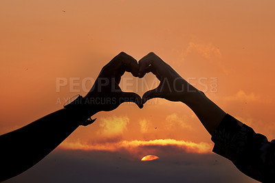 Buy stock photo Sunset, heart and hands of couple for love, trust and support on mockup, space pr sky background. Emoji, hand and people together for romance, celebration or valentines day date on nature copy space