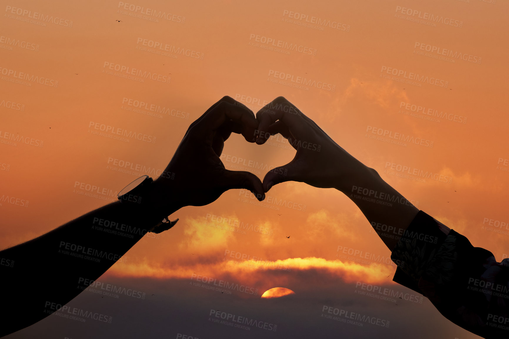 Buy stock photo Sunset, heart and hands of couple for love, trust and support on mockup, space pr sky background. Emoji, hand and people together for romance, celebration or valentines day date on nature copy space