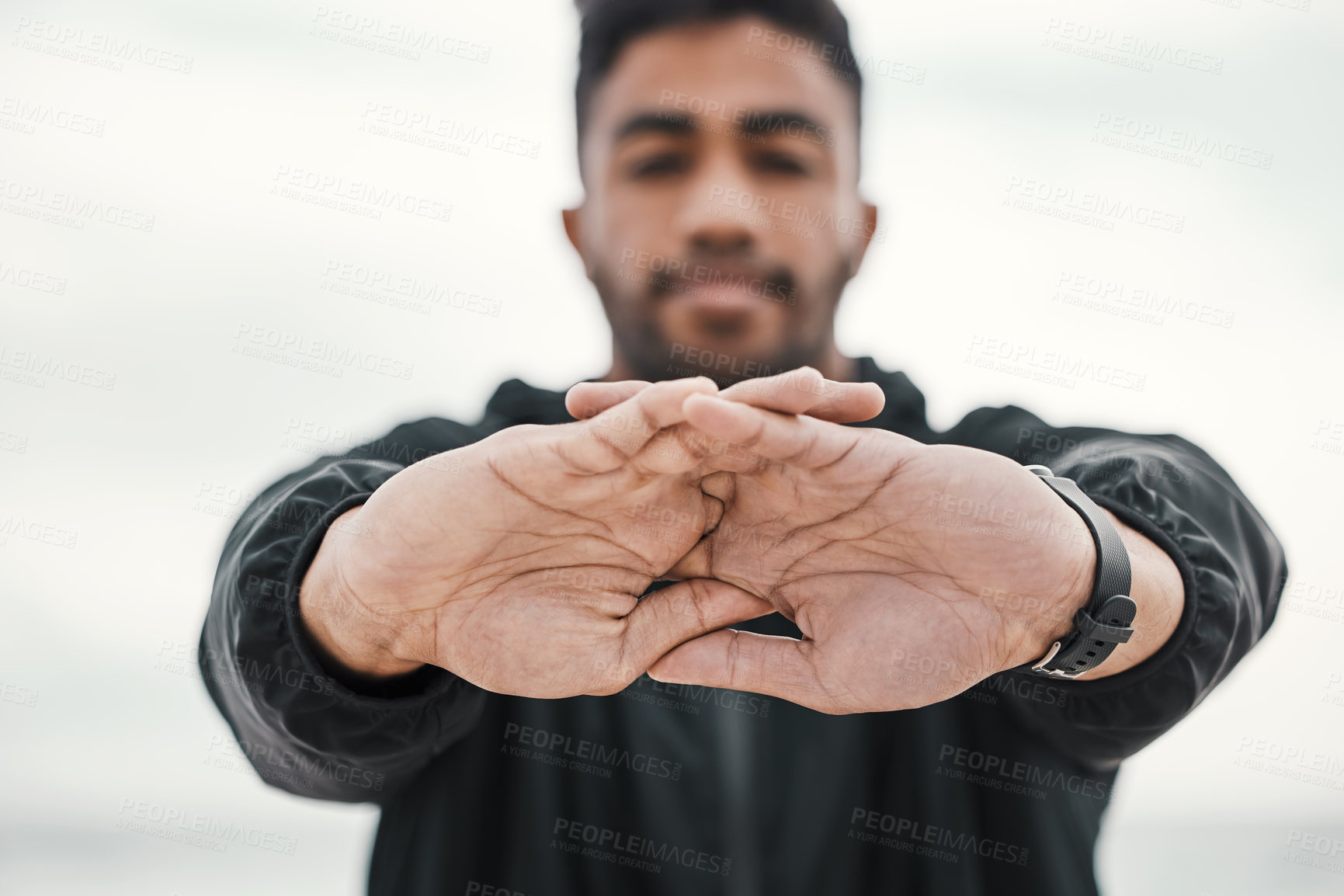 Buy stock photo Outdoor, hands or man stretching with fitness for body flexibility, health or wellness for muscle. Blur, male athlete and sports person ready for workout, training or exercise warm up for mobility