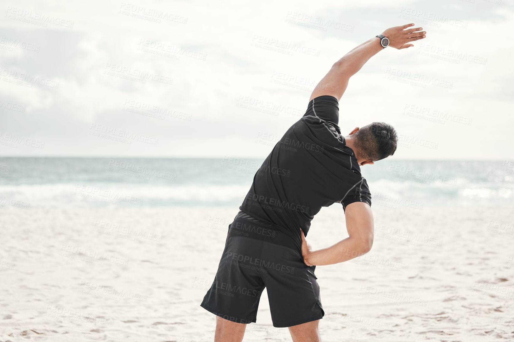 Buy stock photo Beach, back or man stretching with fitness for body flexibility, health or wellness in running practice. Sea, athlete and sports person ready for workout, training or exercise warm up for mobility