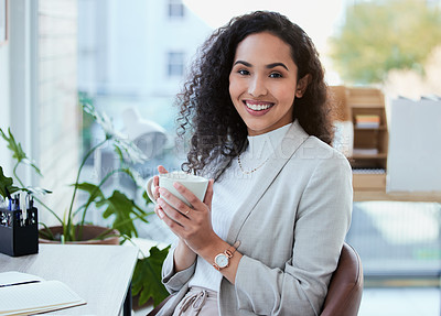 Buy stock photo Woman, relax and portrait of coffee break in office with time in schedule for calm moment and wellness. Happy, employee and drink espresso or tea in morning for energy at workplace in Portugal