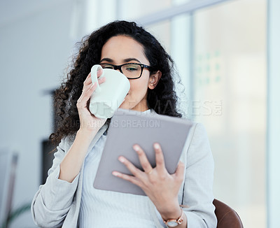 Buy stock photo Reading, tablet and woman in office with coffee and research news, info or drink morning espresso. Calm, schedule and employee relax with tea cup and check email, notes or planning app with tech