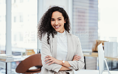 Buy stock photo Business, woman and office or happy portrait, crossed arms and confident in startup company with manager. Entrepreneur, advertising and marketing agency for professional career, proud and leadership