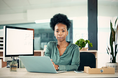 Buy stock photo Portrait, serious and black woman with laptop, writer and creative in office workplace. Computer, face and female entrepreneur, copywriter and professional from South Africa with business mockup.