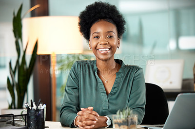 Buy stock photo African woman, portrait and office with smile, proud and confidence for career goals. Creative writer, professional news editor and expert reporter for content creation, publishing and press startup