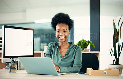 Buy stock photo Portrait, smile and black woman with laptop, writer and creative in office. Computer, face and happy African female entrepreneur, copywriter or professional from South Africa with business mockup.