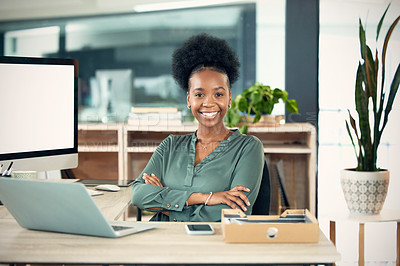 Buy stock photo Confidence, crossed arms and portrait of a professional woman in her office with confidence and leadership. Corporate, happy and African female business ceo with vision, ideas and goals in workplace.