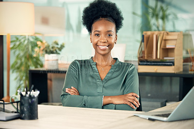 Buy stock photo Success, crossed arms and portrait of a female leader in her office with confidence and leadership. Corporate, professional and African woman executive ceo with vision, ideas and goals in workplace.
