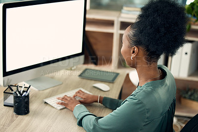 Buy stock photo Office, black woman and typing on computer with screen for online research and information as hr manager. Back view, female employee and mockup in pc for administration work, deadline and task.