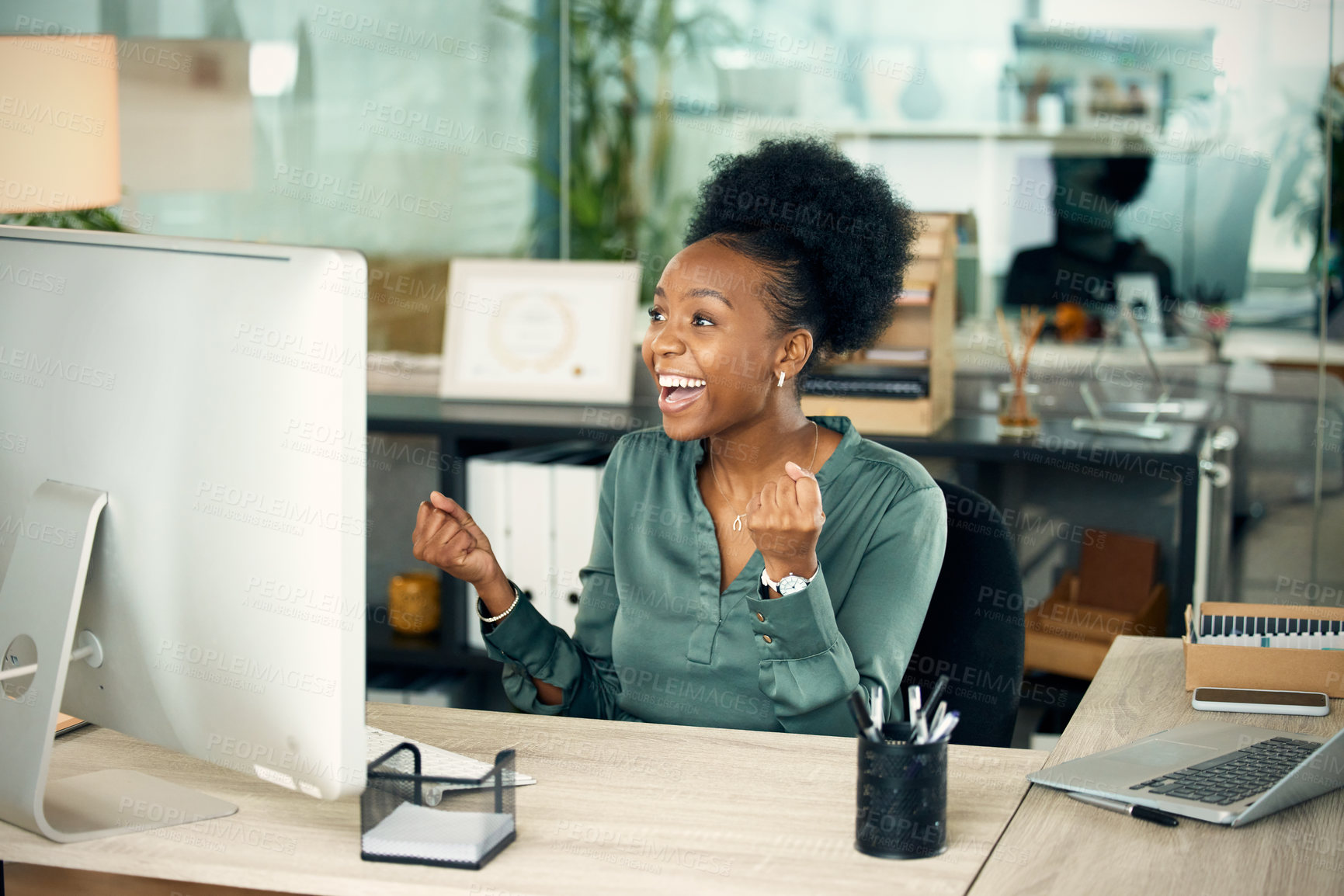 Buy stock photo Office, black woman and excited on computer with smile for online research, results and target as hr manager. Happy, female employee and cheerful in pc for administration work, task and success