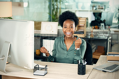 Buy stock photo Success portrait, happy and a black woman with good news, bonus celebration or career win. Business smile, winner and an African employee with company pride, happiness and achievement at a job