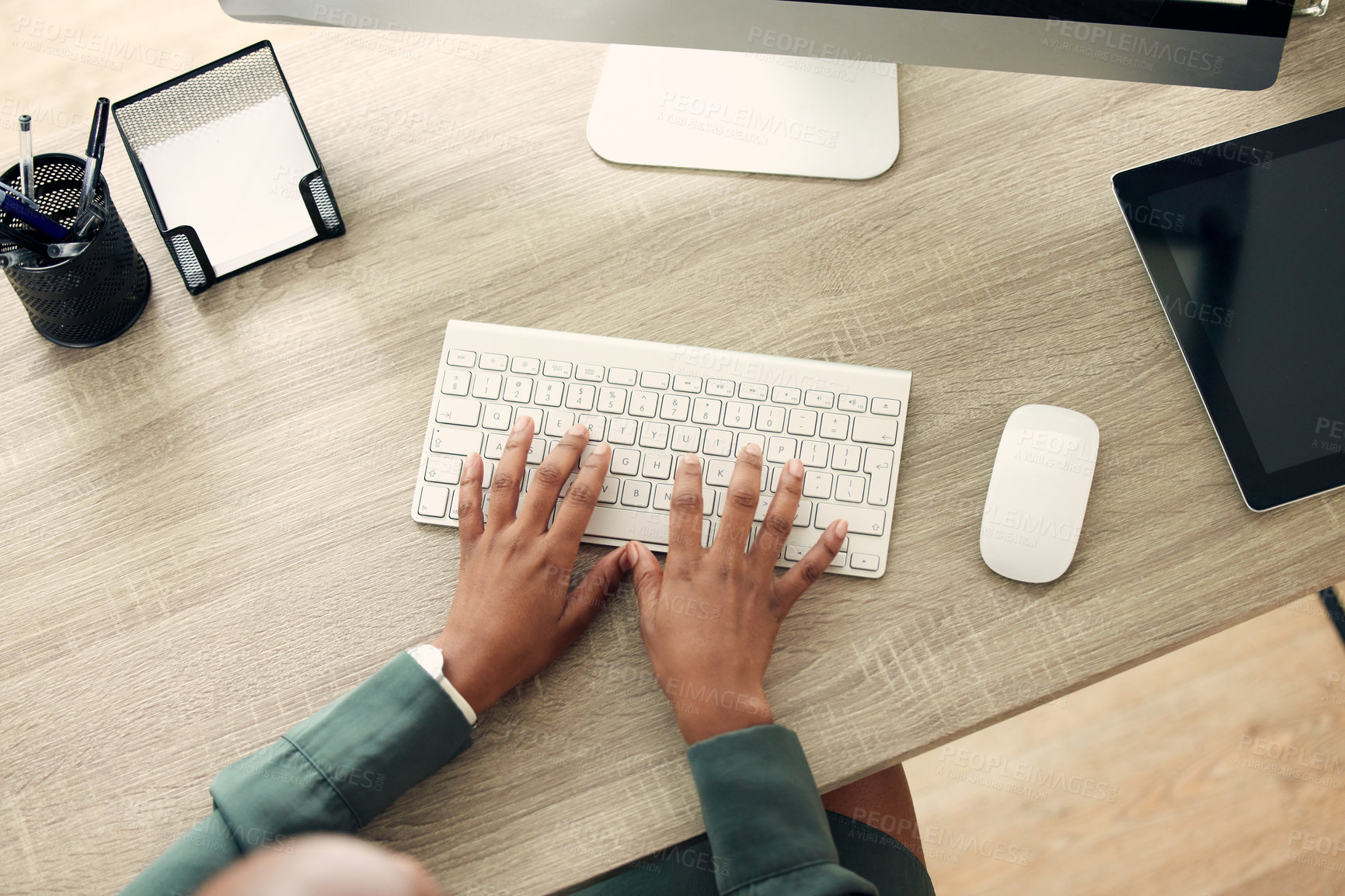 Buy stock photo Hands, above and person in office on keyboard in desk for online research and information as project manager. Employee, table and administration work on internet for deadline, task and ideas