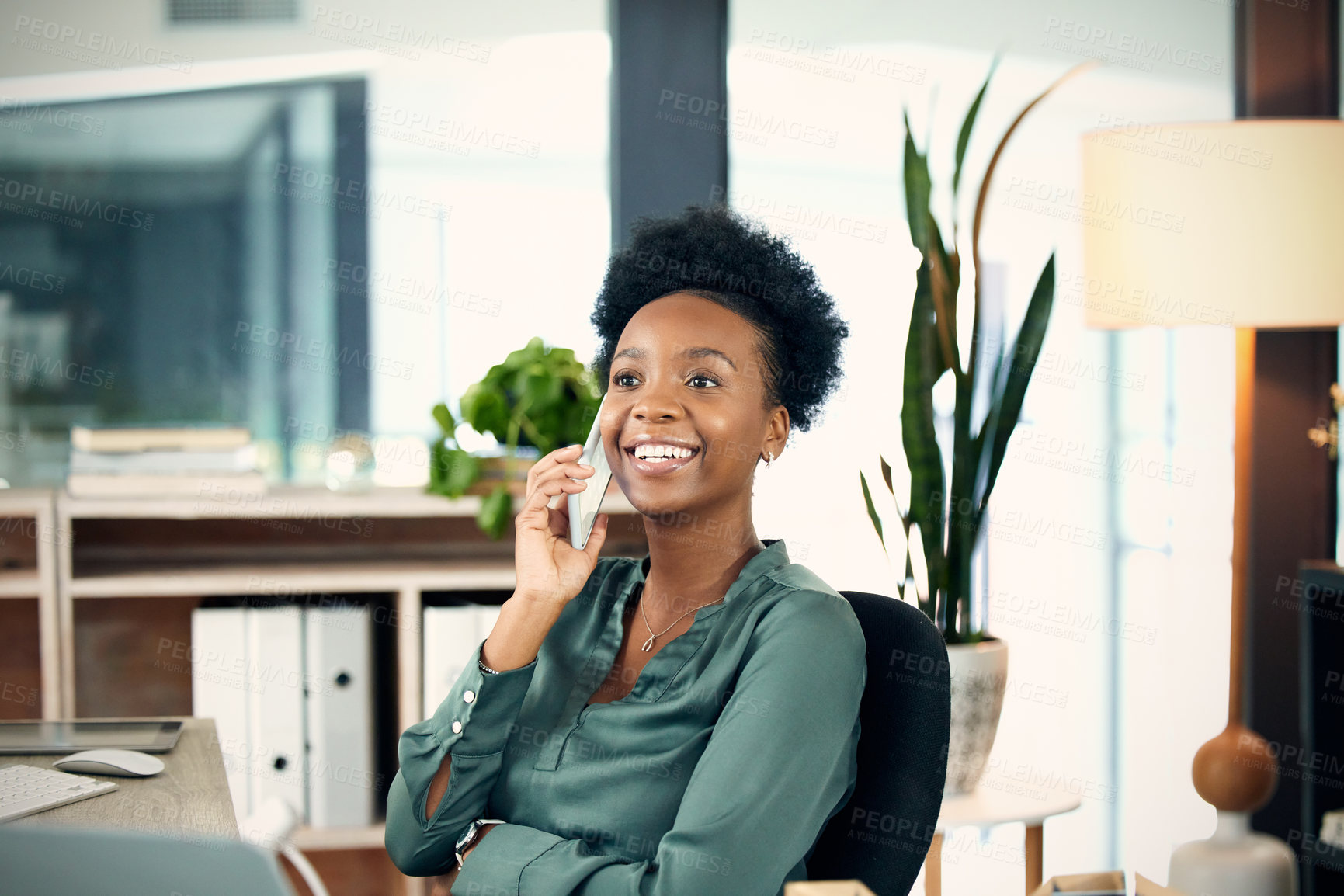 Buy stock photo Phone call, business and black woman talking, smile and conversation with contact. Smartphone, happy and African female professional networking, discussion or communication, listen and chat in office