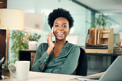 Buy stock photo Phone call, black woman and business portrait, smile and conversation with contact. Smartphone, face and African female professional talking, discussion or communication in office workplace at night.