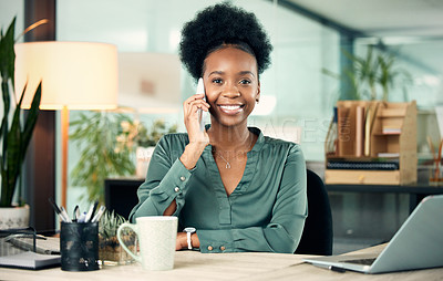 Buy stock photo Black woman, phone call and business portrait, smile and conversation with contact. Smartphone, face and African female professional talking, listening or communication in office workplace at night.