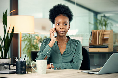 Buy stock photo Phone call, black woman and business portrait, serious or conversation with contact. Smartphone, face and African female professional talking, listening or communication in office workplace at night.