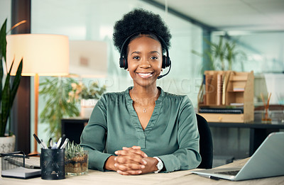 Buy stock photo Black woman, portrait and smile in call center for business, customer service or telemarketing in office. Contact us, face and African female sales agent, support consultant or professional at night.