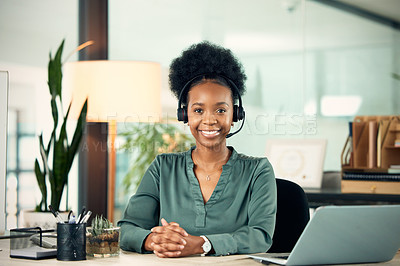 Buy stock photo Portrait, black woman and smile in call center for telemarketing, customer service or business in office. Contact us, face and African female sales agent, support consultant or professional at night.